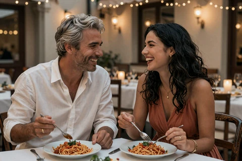 Michael and Giulia sharing dinner at an Italian restaurant, a Vinoptima Dating success story