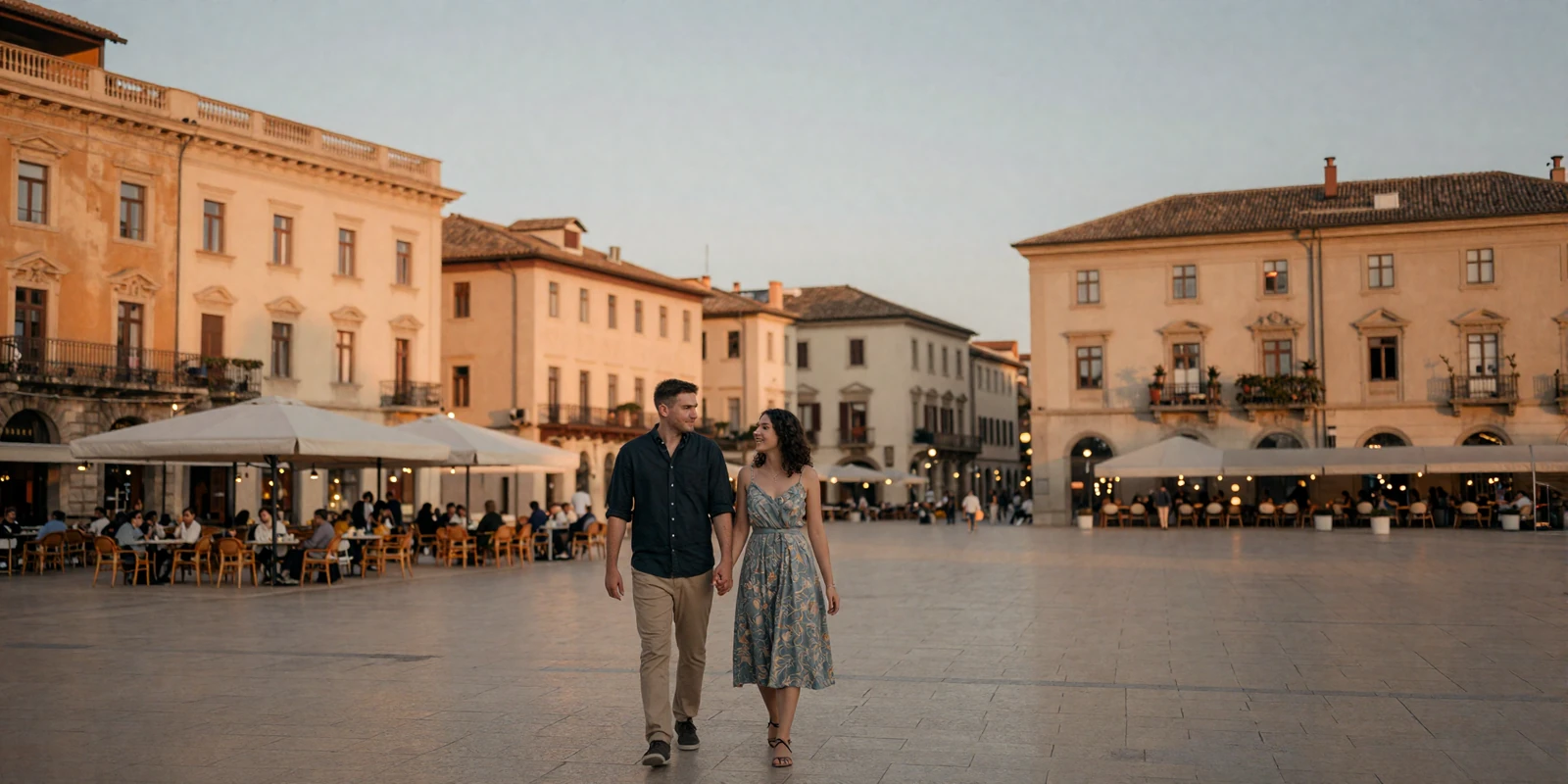 Couple enjoying a romantic evening walk through a European city square at golden hour