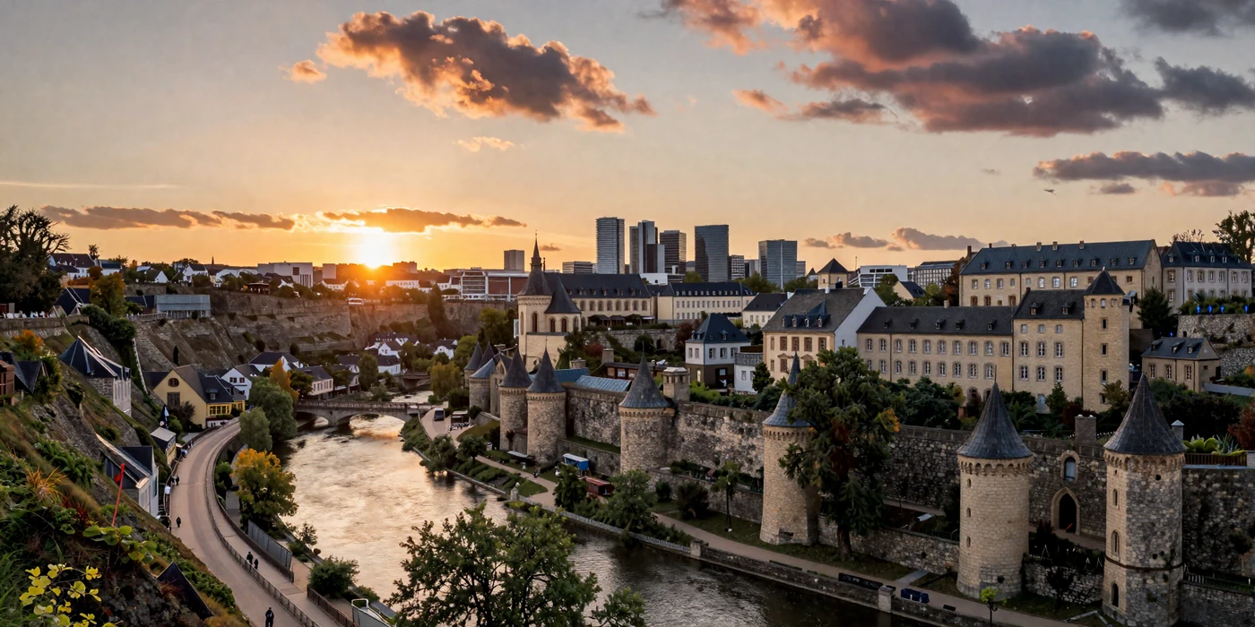 Luxembourg City skyline at golden hour with Grund valley and historic fortifications