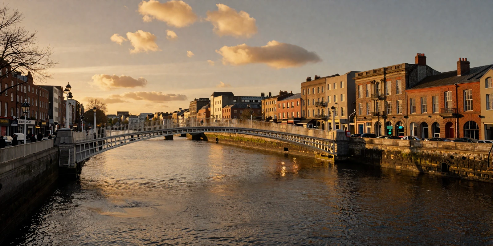 Dublin Ireland at golden hour with the Ha'penny Bridge over the River Liffey, representing Irish dating culture and romance