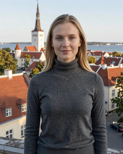 Kadri, an Estonian woman on the Tallinn Old Town viewpoint, representing the Nordic elegance and quiet confidence of Estonian singles seeking international romance