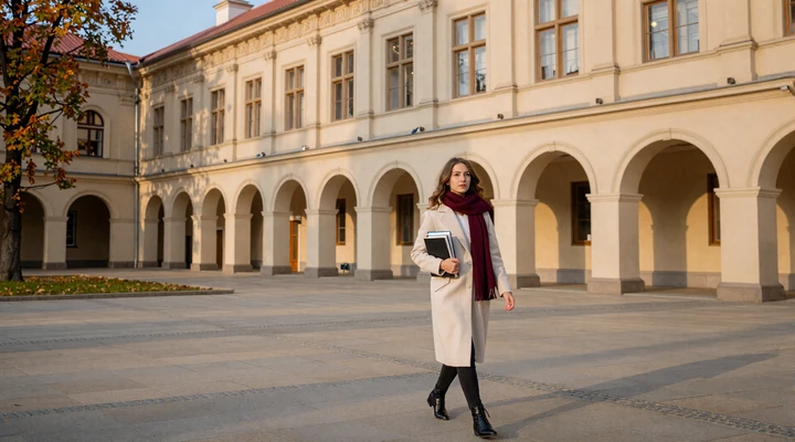 Vilnius University courtyard with Renaissance architecture and a stylish Lithuanian woman, representing the academic excellence and cultural depth of Lithuanian singles