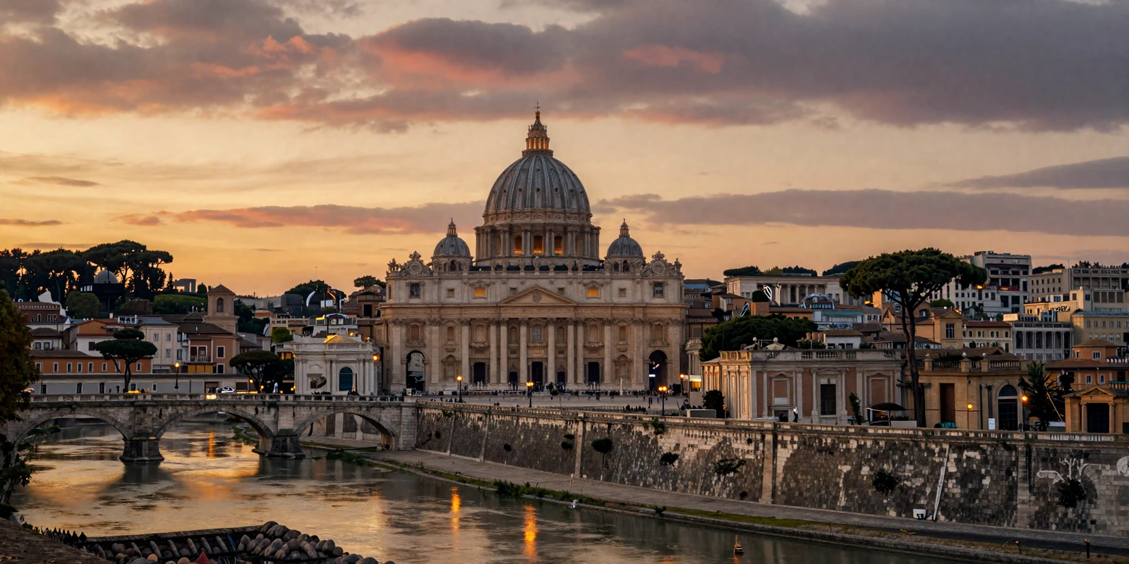 St. Peter's Basilica dome and Vatican City skyline at golden hour with the Tiber River reflecting warm light, representing the spiritual romance of Vatican-adjacent dating culture