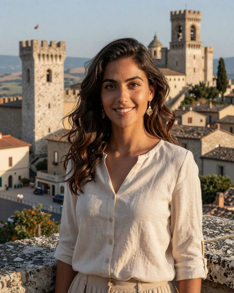 Valentina, a San Marinese woman on a historic terrace overlooking the medieval center of San Marino, representing singles available for international dating