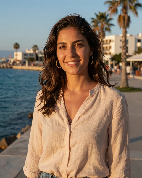 Eleni, a Cypriot woman on the Limassol waterfront promenade with the turquoise Mediterranean Sea behind her, representing warm Cypriot singles available for international dating