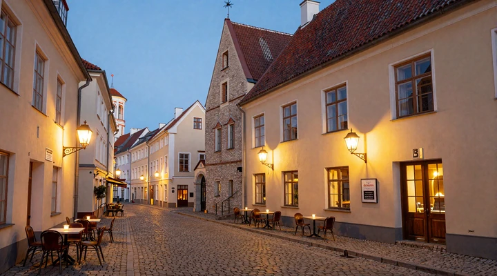 Tallinn Old Town cobblestone street in evening with warm lantern light and cozy café terraces creating a romantic Baltic dating atmosphere