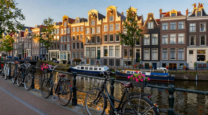 Charming Amsterdam canal with bicycles and traditional Dutch houses at golden hour, representing the romantic side of Netherlands dating culture