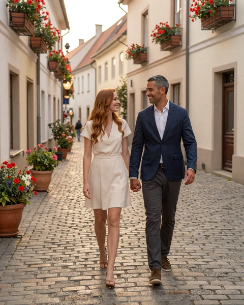 Happy international couple walking through a charming European street, representing Vinoptima Dating success