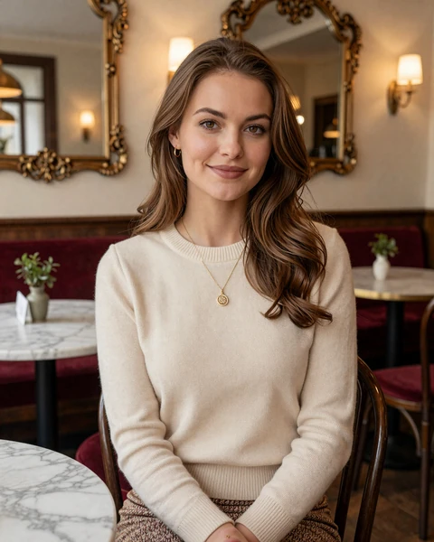 Theresa, an Austrian woman in a traditional Viennese coffeehouse, representing elegant Austrian singles available for international dating