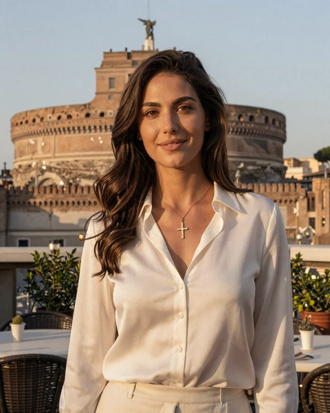 Ginevra, a Roman woman near Castel Sant'Angelo with St. Peter's dome in the background, representing faith-centered Vatican-area singles available for international dating