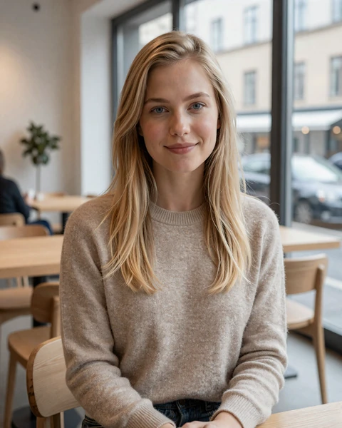 Elsa, a Swedish woman enjoying fika in a modern Stockholm café, representing the relaxed elegance of Swedish singles seeking international romance