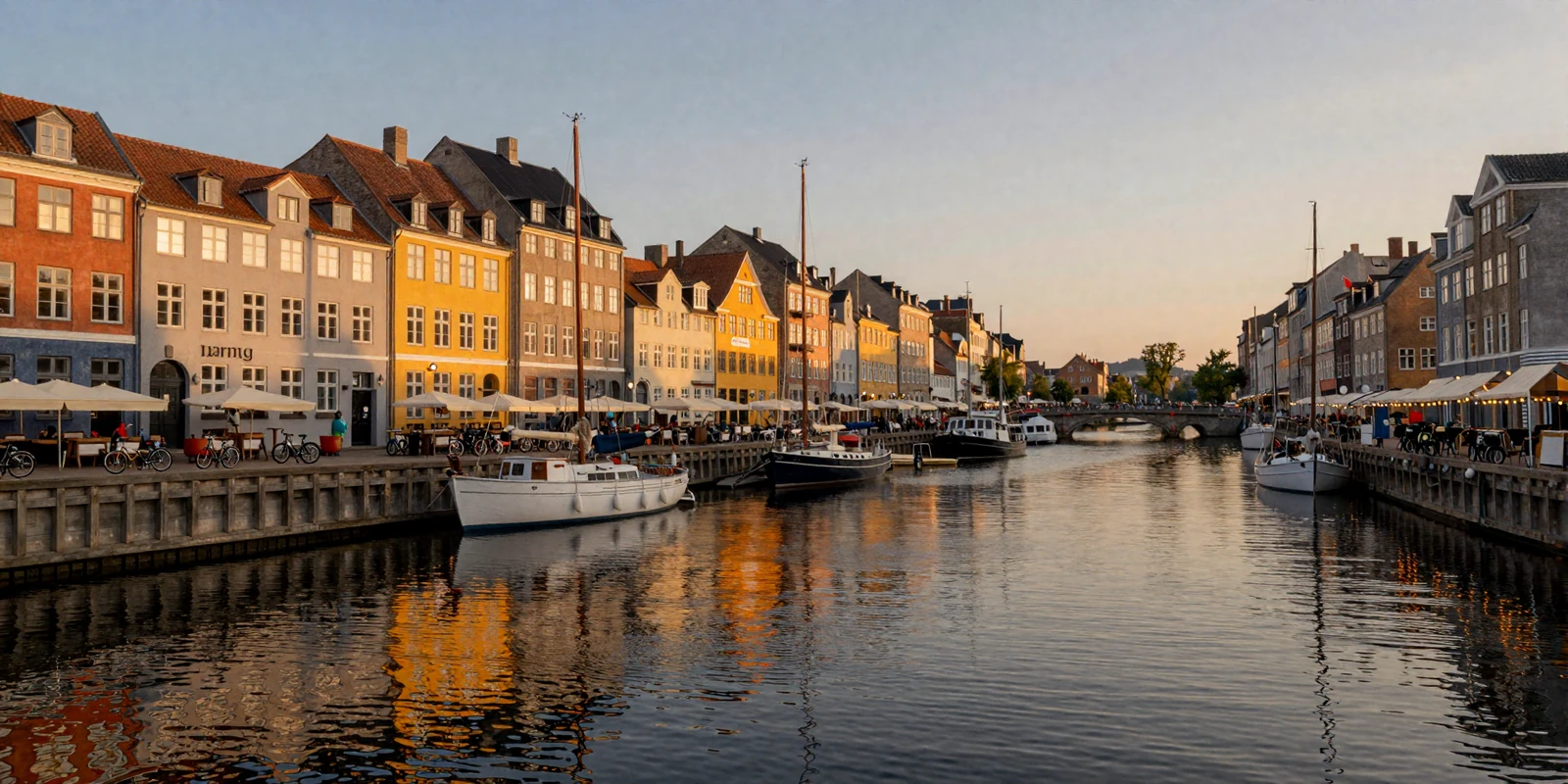 Colorful Nyhavn canal in Copenhagen Denmark at golden hour with pastel townhouses and sailboats reflecting in calm water
