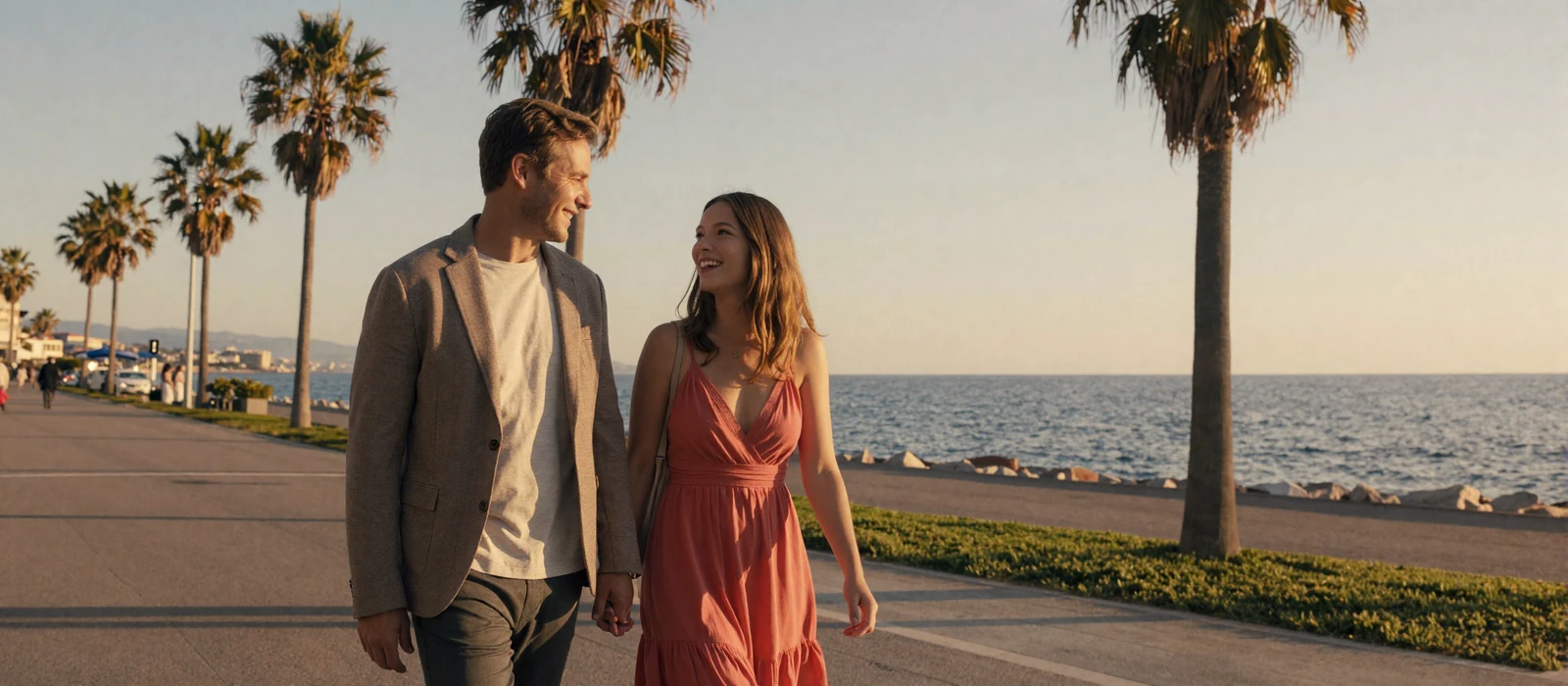 Happy international couple walking along a Mediterranean promenade at sunset, representing Vinoptima Dating success stories