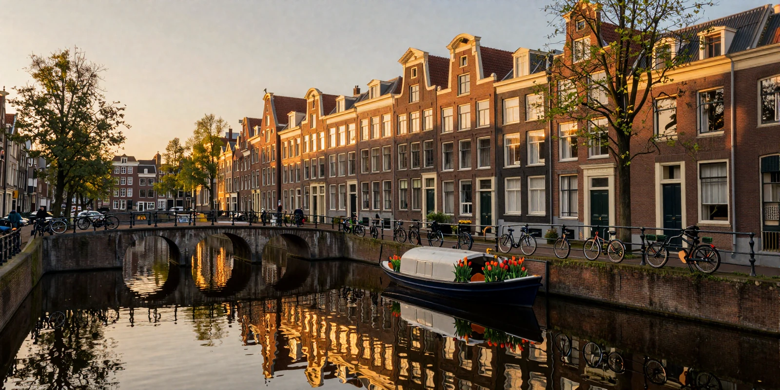 Romantic Amsterdam canal scene at golden hour with iconic Dutch canal houses and bicycles, representing Netherlands dating culture