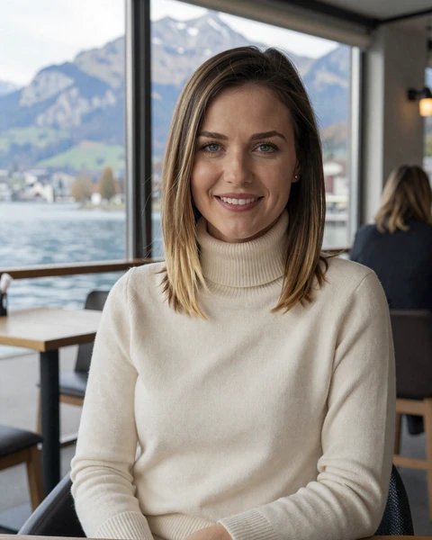 Sabine, a Swiss woman at a Zurich lakefront café with Alpine views, representing Swiss singles available for international dating