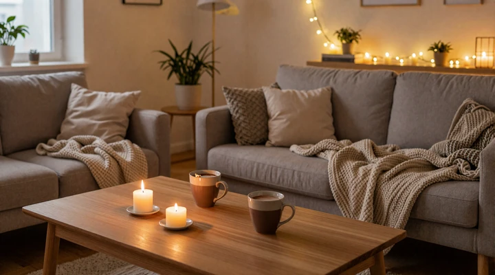 Cozy Danish hygge scene with lit candles, hot chocolate, and warm blankets representing the intimate dating culture of Denmark