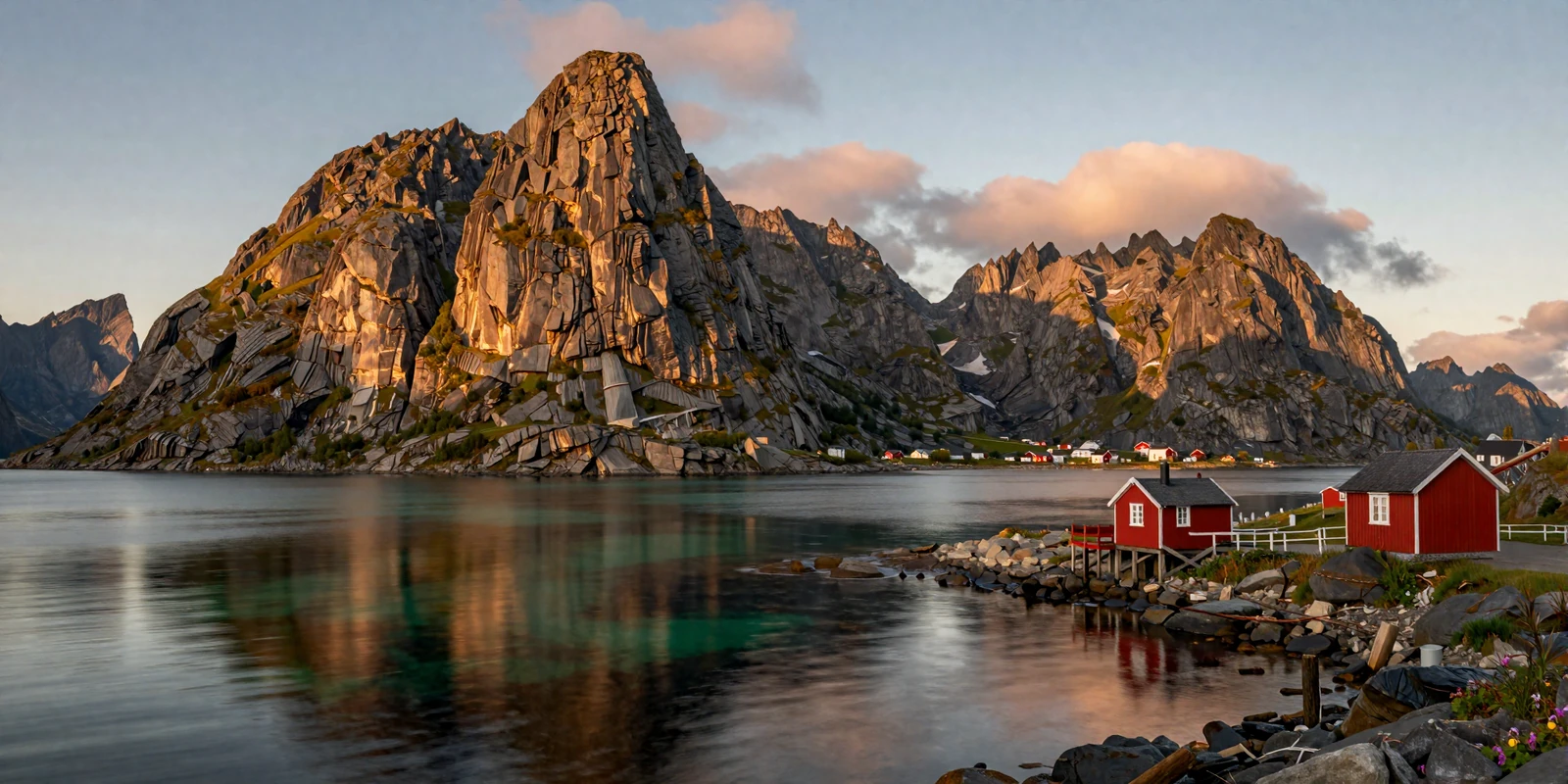 Dramatic Norwegian fjord landscape at golden hour with mountains and calm water reflecting warm sunset light