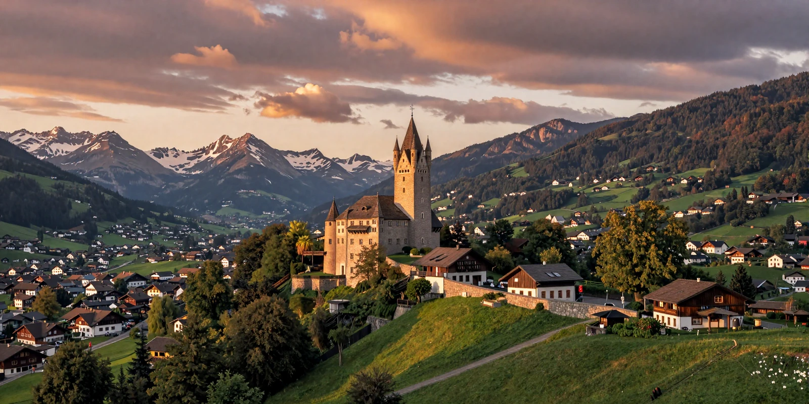 Vaduz Castle overlooking the Rhine Valley at golden hour in Liechtenstein, representing the exclusive Alpine dating culture