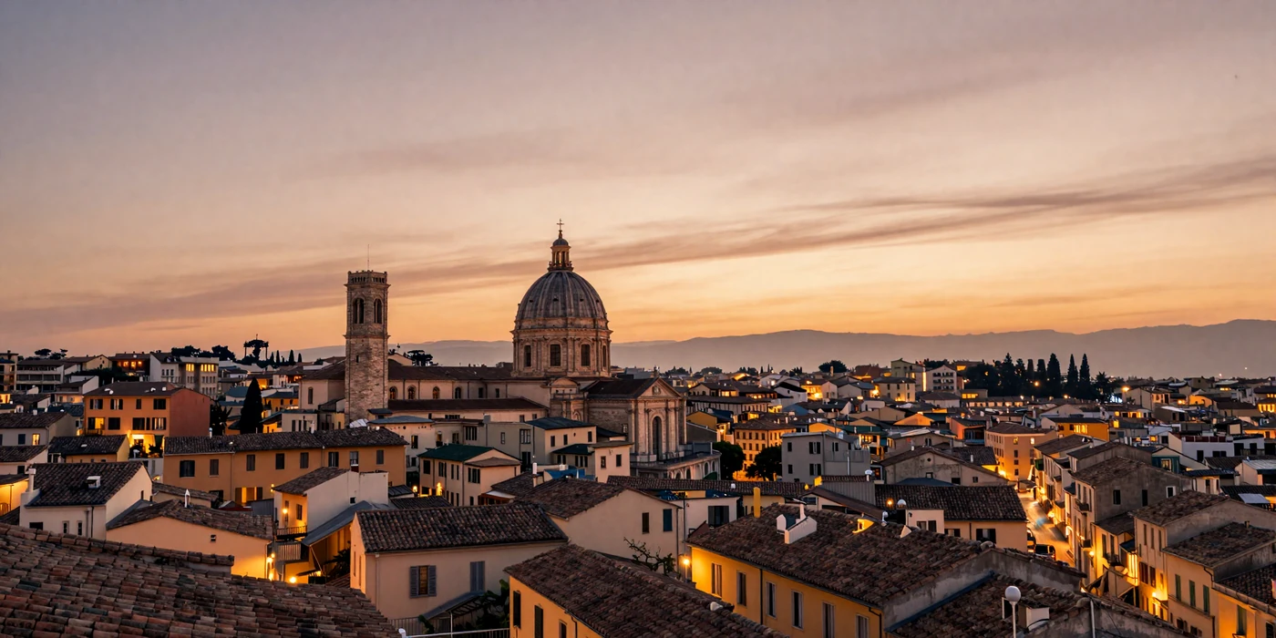 Stunning European sunset cityscape symbolizing the beginning of an international romance journey