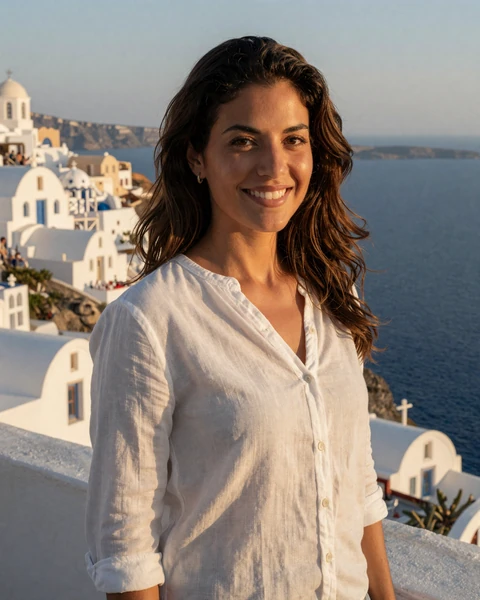 Despina, a Greek woman on a sunlit terrace overlooking the Aegean Sea and white island buildings, representing warm Greek singles available for international dating