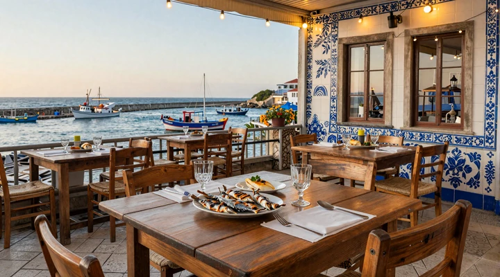 Romantic Portuguese coastal restaurant terrace at golden hour with grilled sardines and vinho verde, representing the cuisine-centered Portuguese dating culture