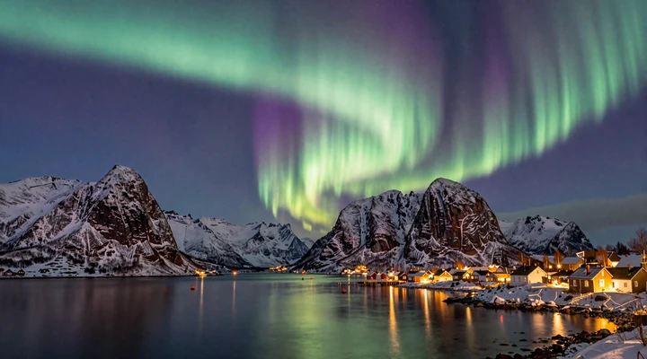 Northern Lights shimmering over a Norwegian fjord with mountains and village lights, representing the magical romance of Norwegian winter dating