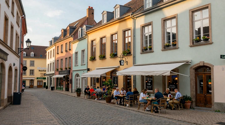 Charming Luxembourg City old town street with outdoor cafes and European architecture