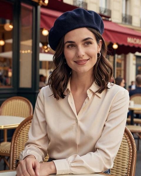Camille, a French woman at a classic Parisian café, representing sophisticated French singles available for international dating