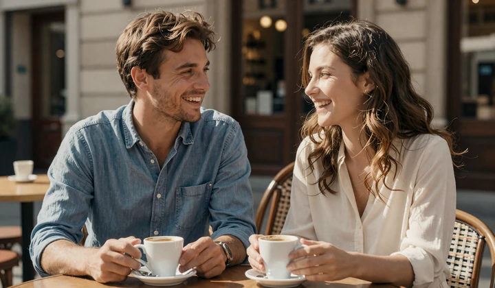 American man and European woman sharing a joyful coffee date at a cozy sidewalk cafe