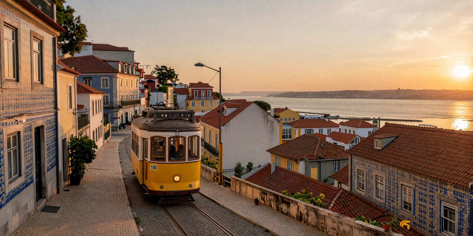 Lisbon Alfama district at golden hour with iconic yellow tram and azulejo tiled buildings along the Tagus River, representing Portuguese dating culture