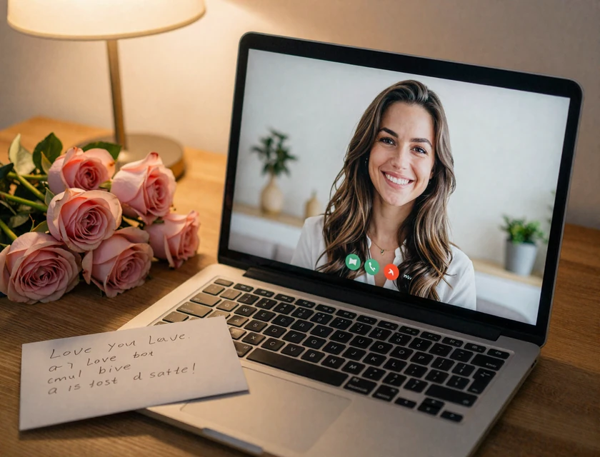 Romantic long-distance relationship setup with video call on laptop next to roses and handwritten love letter