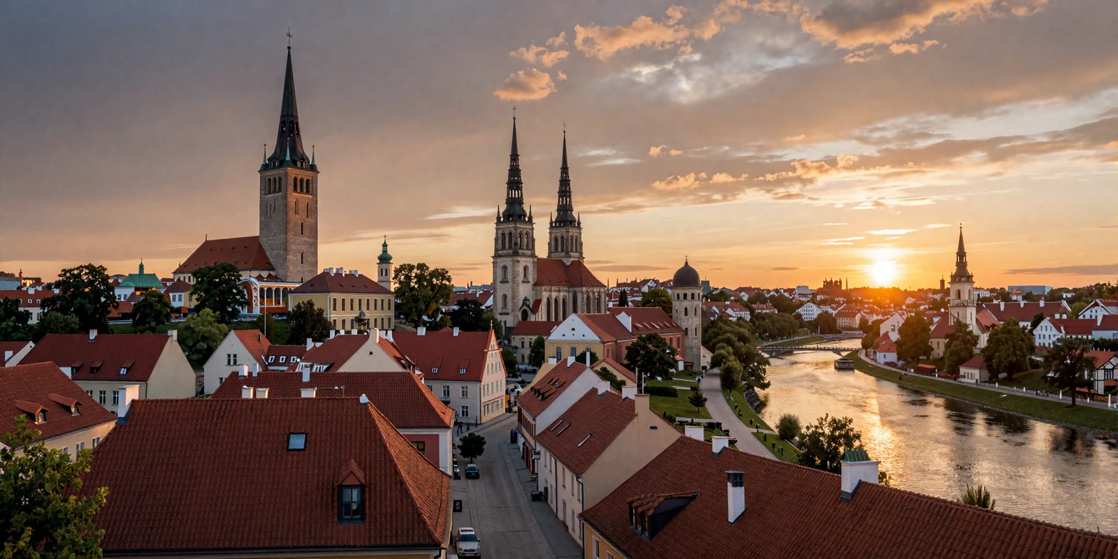 Vilnius Old Town at golden hour with red tiled rooftops, Gediminas Tower, and baroque church spires representing Lithuanian romance and dating culture