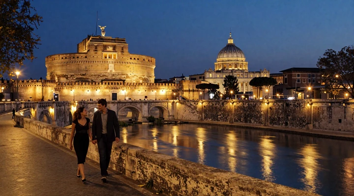 Romantic evening along the Tiber River with Castel Sant'Angelo and St. Peter's dome illuminated in the background, representing daily life and romance near Vatican City