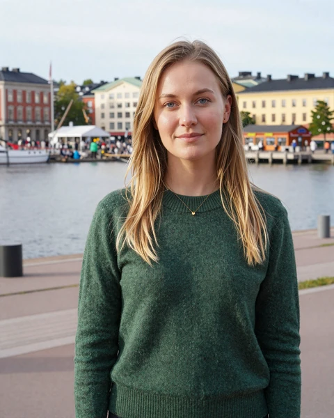 Aino, a Finnish woman on Helsinki's waterfront promenade, representing the quiet elegance and genuine warmth of Finnish singles seeking international romance