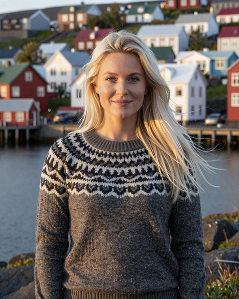 Hekla, an Icelandic woman wearing a traditional lopapeysa sweater on the Reykjavik waterfront, representing the confident and authentic character of Icelandic singles seeking international romance