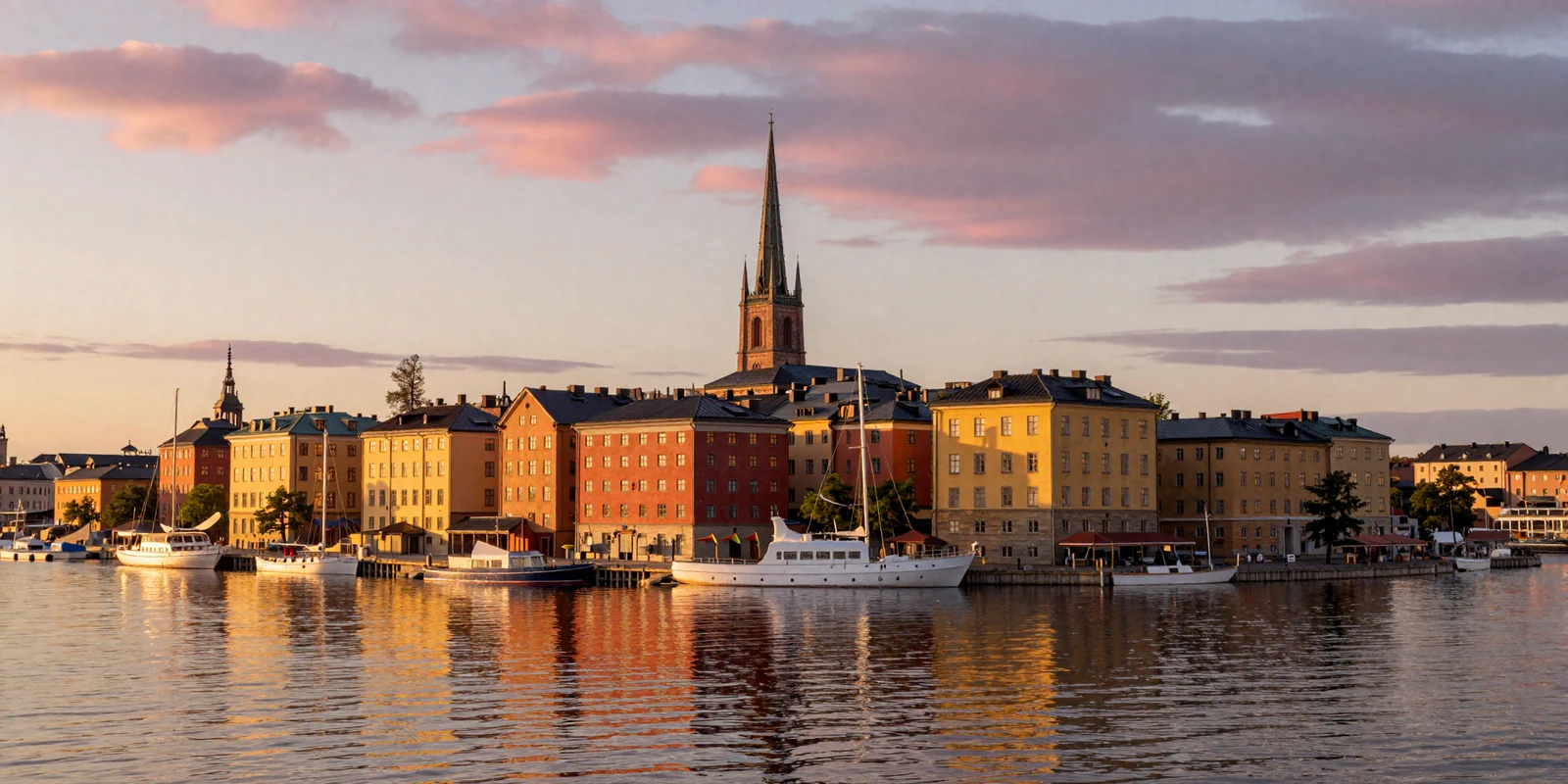 Stockholm old town Gamla Stan reflecting in calm water at golden hour sunset with warm Scandinavian light