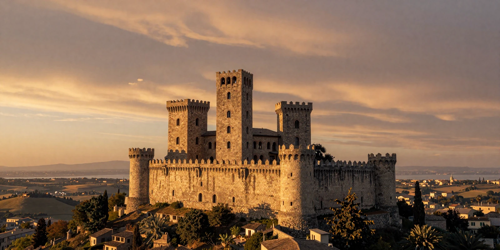 The iconic Three Towers of San Marino on Mount Titano at golden hour with Italian countryside stretching below, representing San Marinese dating culture