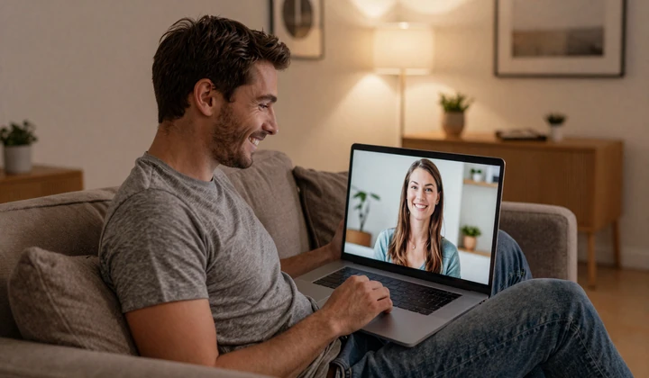 American man enjoying a video chat date with a European woman on his laptop at home