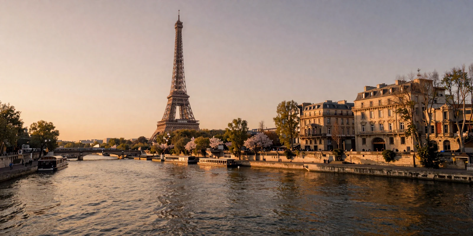 Romantic Paris skyline at golden hour with the Eiffel Tower and Seine River, representing French dating culture