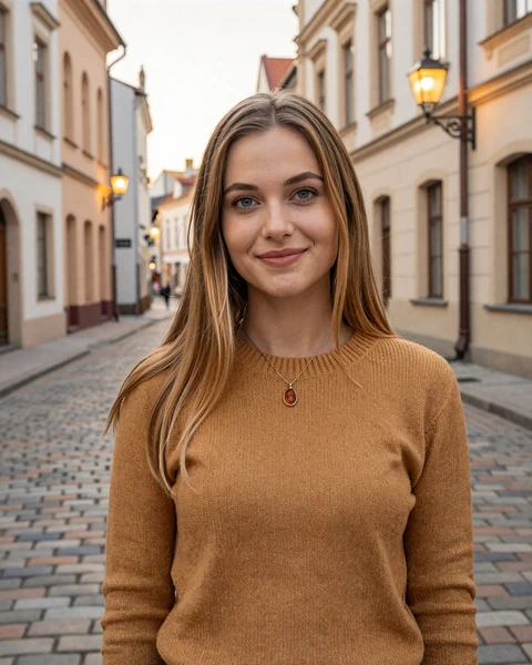 Ruta, a Lithuanian woman in Vilnius Old Town cobblestone street, representing the elegance and intelligence of Lithuanian singles seeking international romance