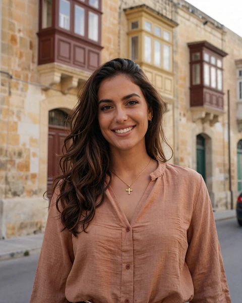 Daniela, a Maltese woman on a sunlit Valletta street with limestone buildings and traditional balconies, representing warm Maltese singles available for international dating