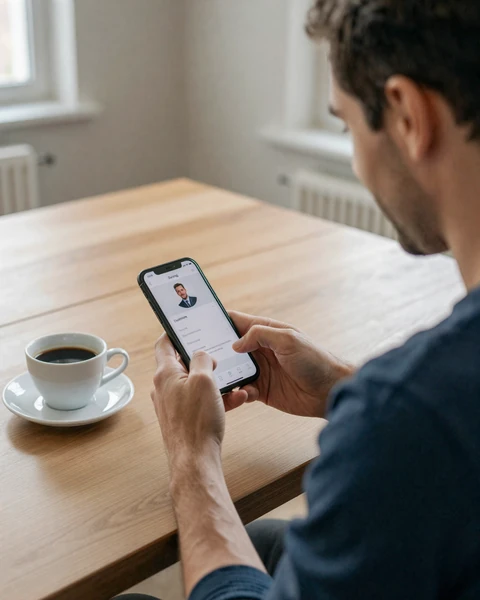 American man creating his Vinoptima Dating profile on a smartphone at a desk
