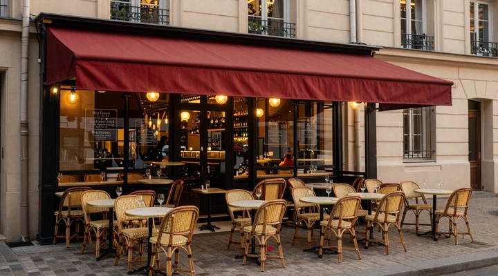 Classic Parisian bistro terrace at golden hour with wicker chairs and wine glasses, representing the romantic French dating culture
