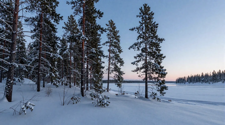 Serene Finnish winter forest with snow-covered pines and frozen lake under blue twilight representing the resilient sisu spirit of Finland