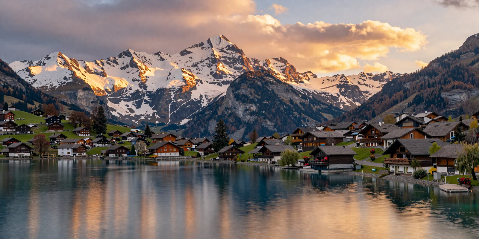 Romantic Swiss Alpine landscape at golden hour with snow-capped mountains reflecting in a pristine lake, representing Swiss dating culture