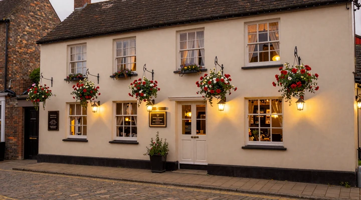 Traditional English pub with warm lighting and flower baskets, representing the cozy dating culture of British romance