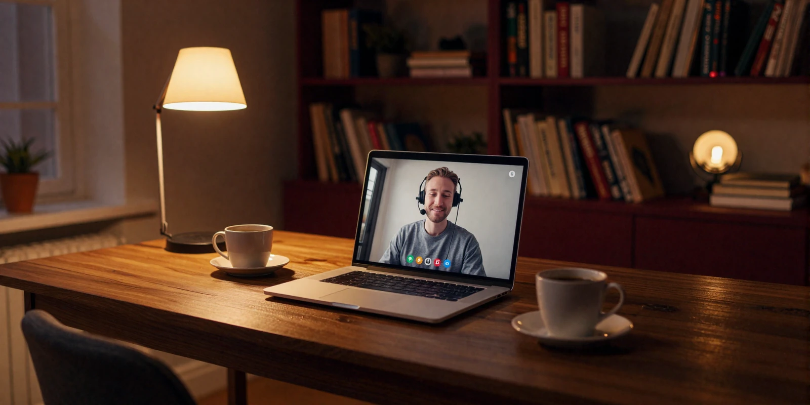 Warm evening home setup for international video dating with laptop and golden desk lamp light