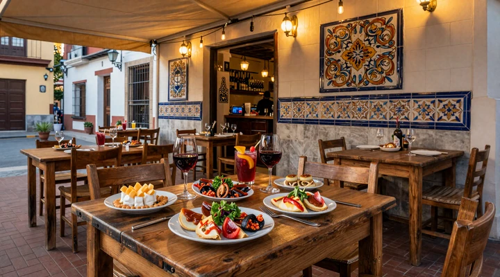 Romantic Spanish tapas bar terrace at golden hour with plates of tapas and wine, representing the cuisine-centered Spanish dating culture