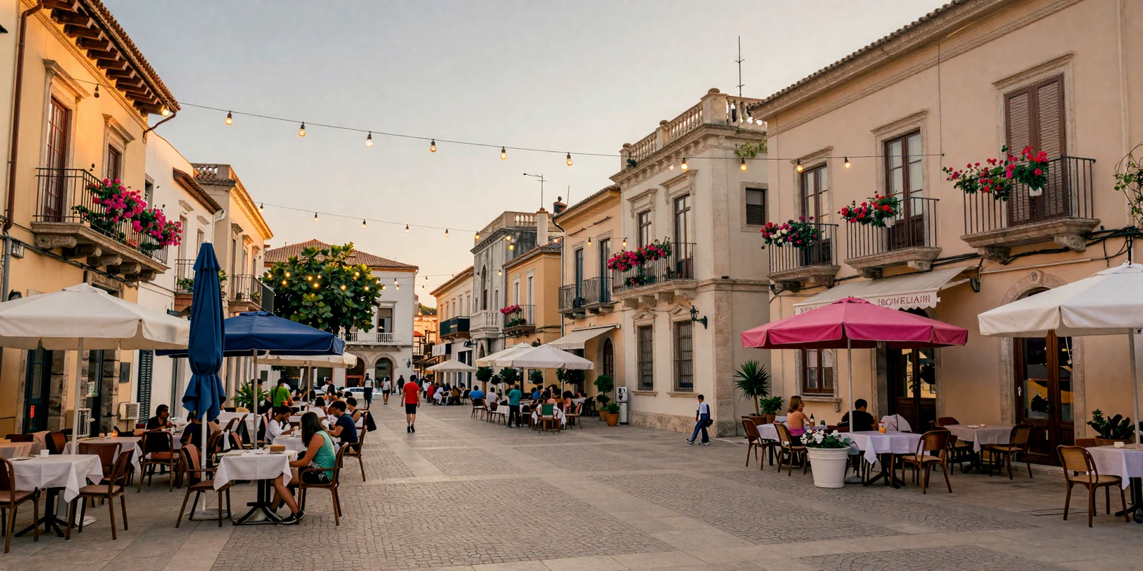 Charming European city plaza at golden hour showcasing diverse cultural traditions and romantic atmosphere
