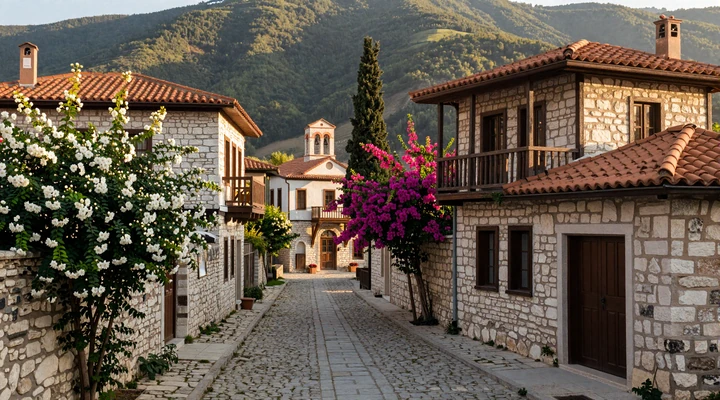 Traditional Cypriot village in the Troodos mountains with stone houses, bougainvillea-lined cobblestone paths, and a Greek Orthodox church, representing the cultural heritage central to Cypriot dating